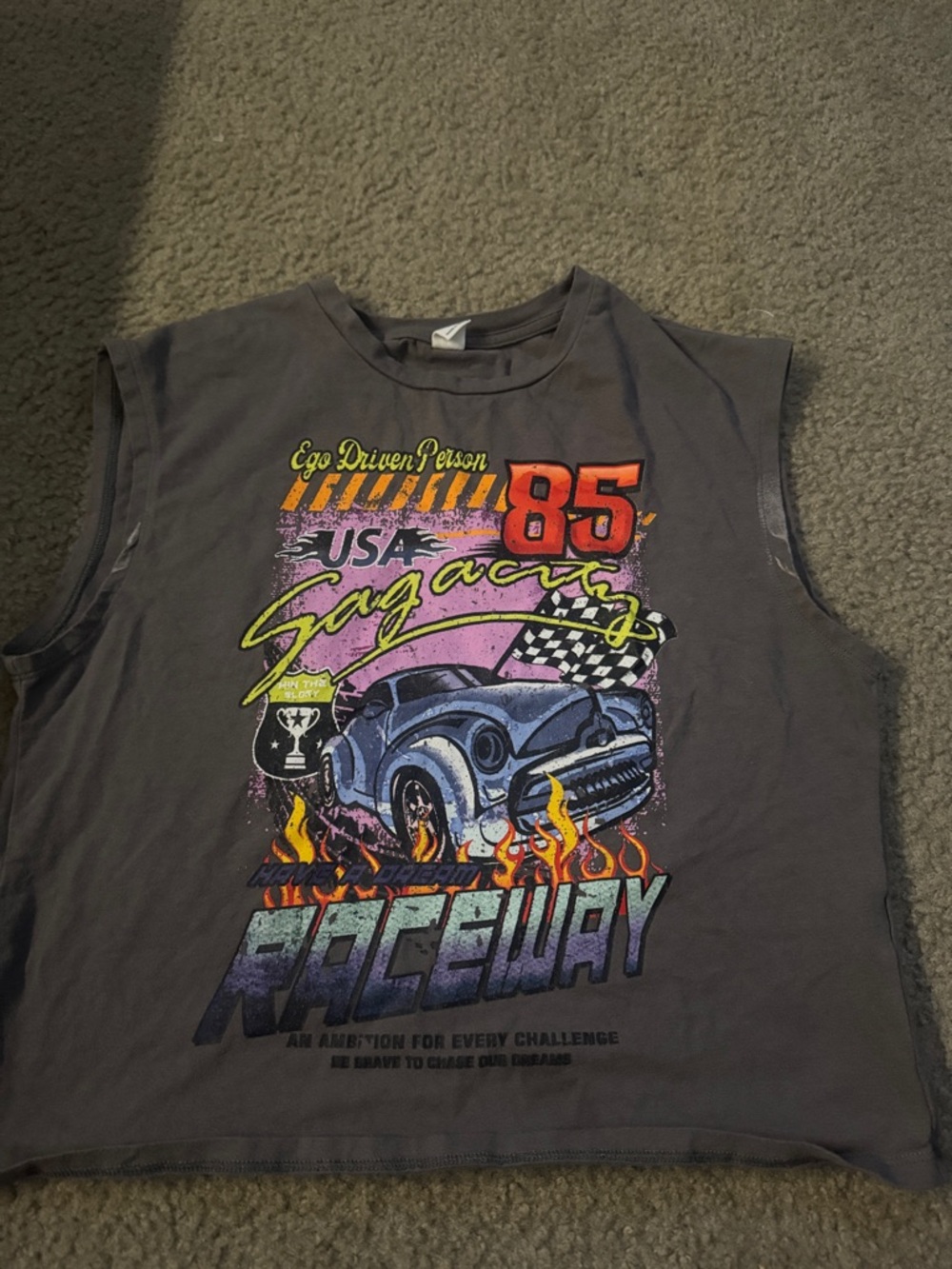 SHEIN Grey Sleeveless Tank with Colorful Raceway Car Graphic